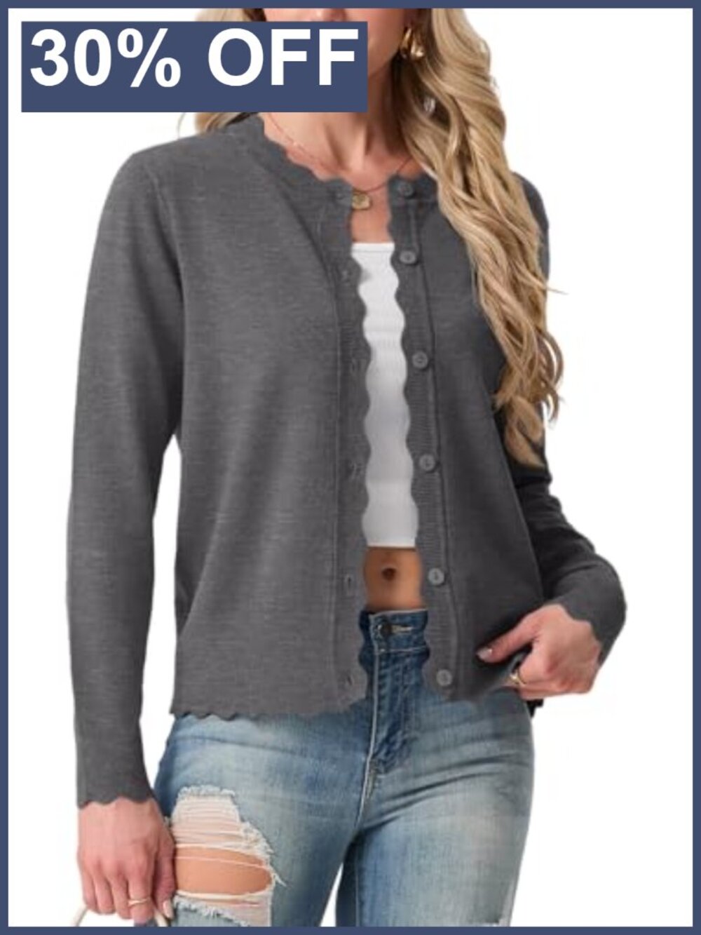 Knit Cardigan Sweater Women Button Up Scalloped Trim Lightweight Casual